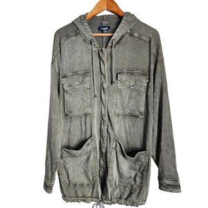 Splendid Sateen Anorak Grunge Green Hooded Zip  Jacket Utility Pockets  Women L